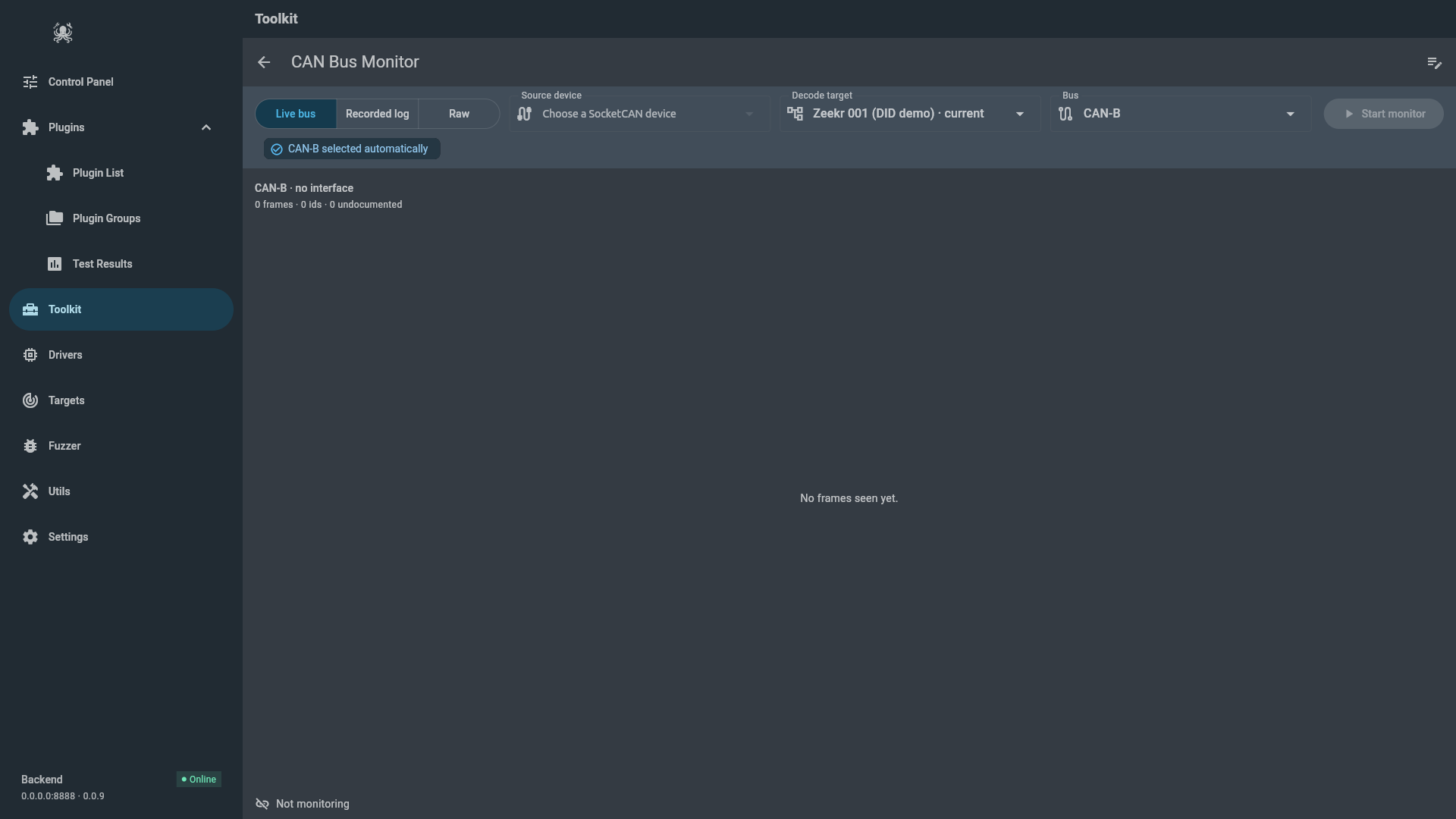 CAN Bus Monitor in Live bus mode, showing the Live bus / Recorded log / Raw selector, the Source device, Decode target, and Bus fields, the CAN-B selected automatically chip, and the empty traffic table