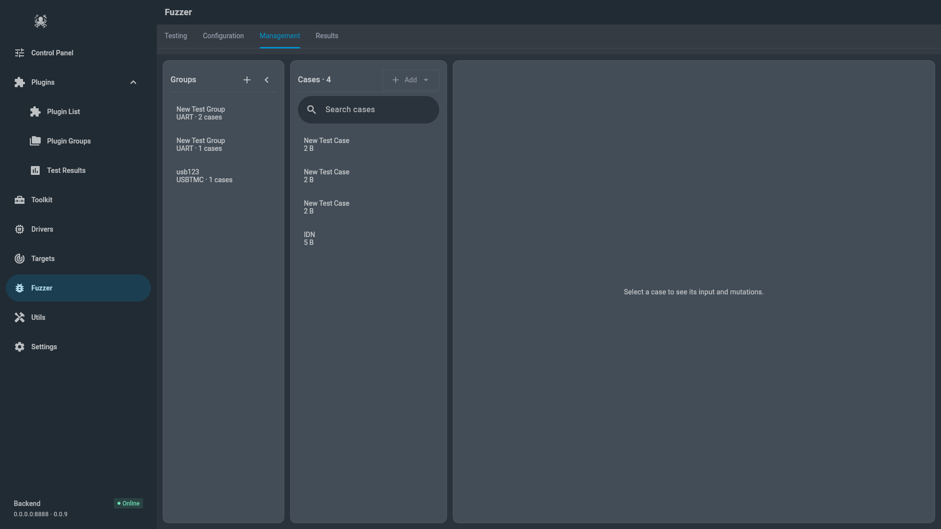 Fuzzer Management tab with the Groups rail, the Cases list, and an empty mutation workspace
