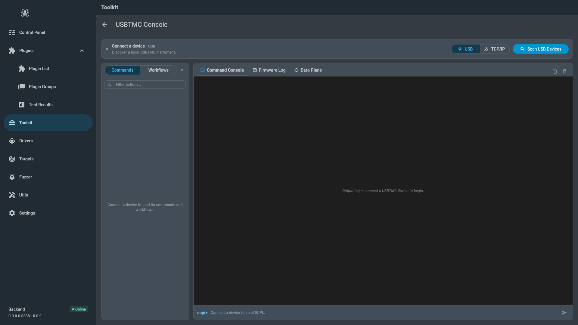 USBTMC Console before connecting, showing the USB and TCP/IP transport switch, the Commands and Workflows rail, and the Command Console, Firmware Log, and Data Plane tabs